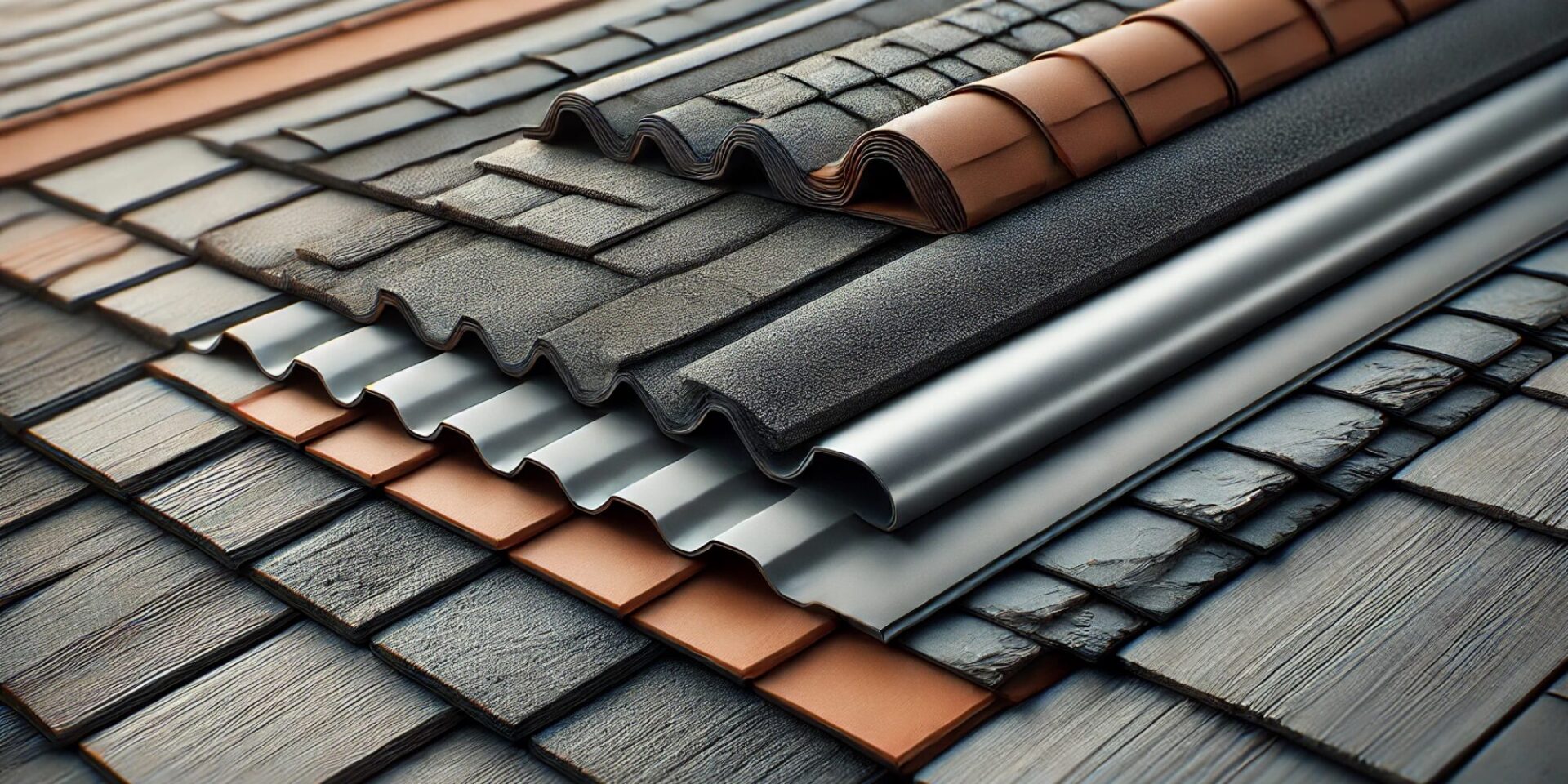 DALL·E 2024 09 24 15.49.53 A close up rendering of various roofing materials laid side by side on a roof. The image shows segments of different roofing materials asphalt shingl 1